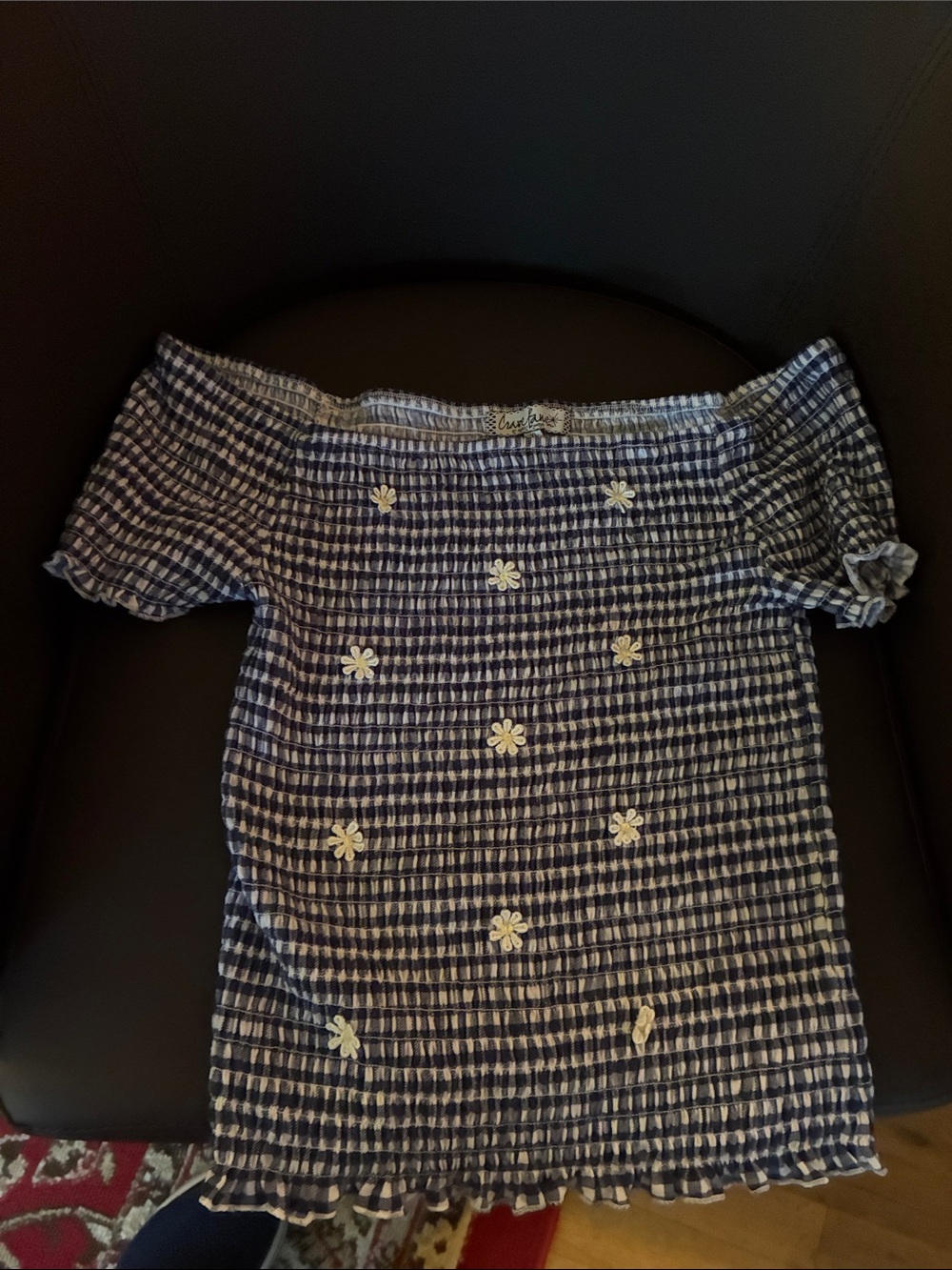 Navy Gingham Off-Shoulder Crop Top with Daisy Embroidery